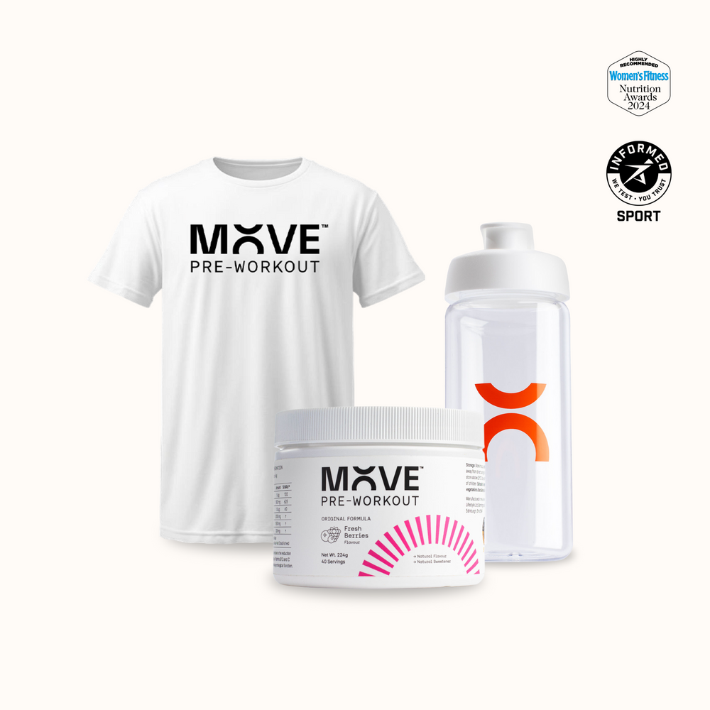 Bundle Includes: 1x MOVE Fresh Berries Flavour, 1x Premium Shaker, 1x MOVE T-Shirt A smarter pre-workout. MOVE delivers sustained energy, sharp focus, and peak performance - without the jitters, crashes, or artificial junk.
